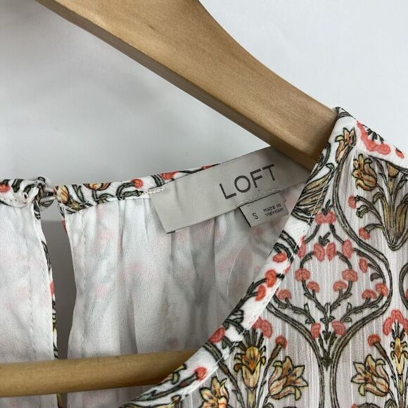 Loft Top Size Small White Tuilerie Floral Print Long Sleeve Ruffle Pleated Shirt - Picture 5 of 11